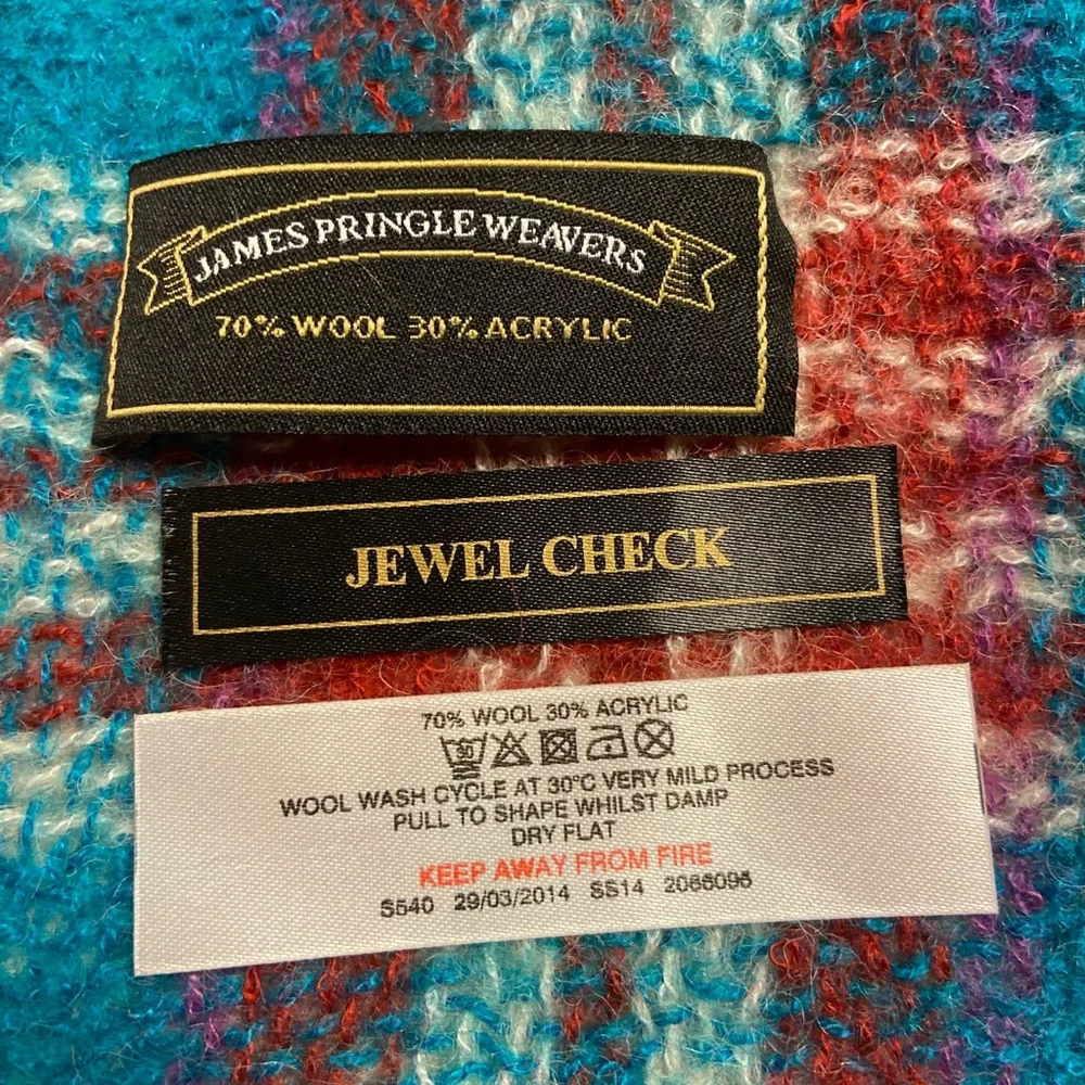 James Pringle Weavers Scarf Womens Jewel Check Plaid Wool Blend Fringe Preppy